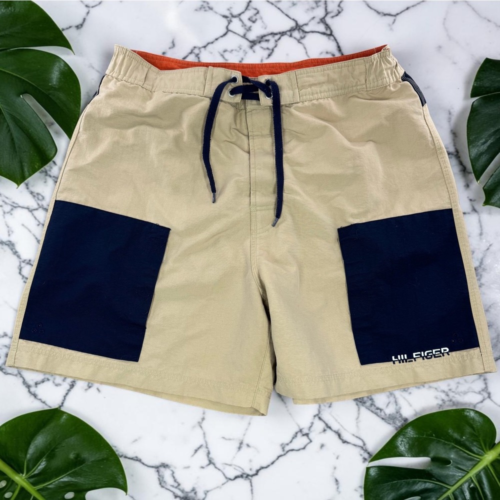 Y2K Tommy Hilfiger Vintage Mens XL Tan Navy‎ Colorblock Board Shorts Swim Trunks